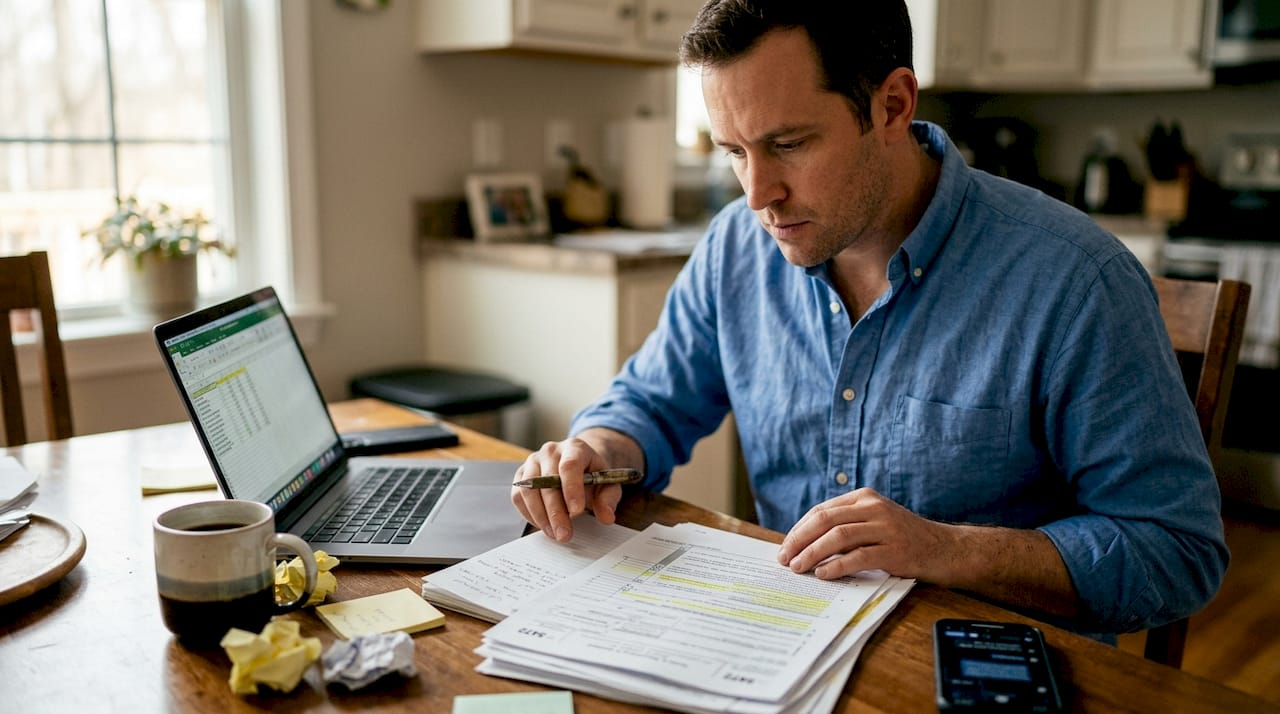 Business owner reviews tax documents at kitchen table
