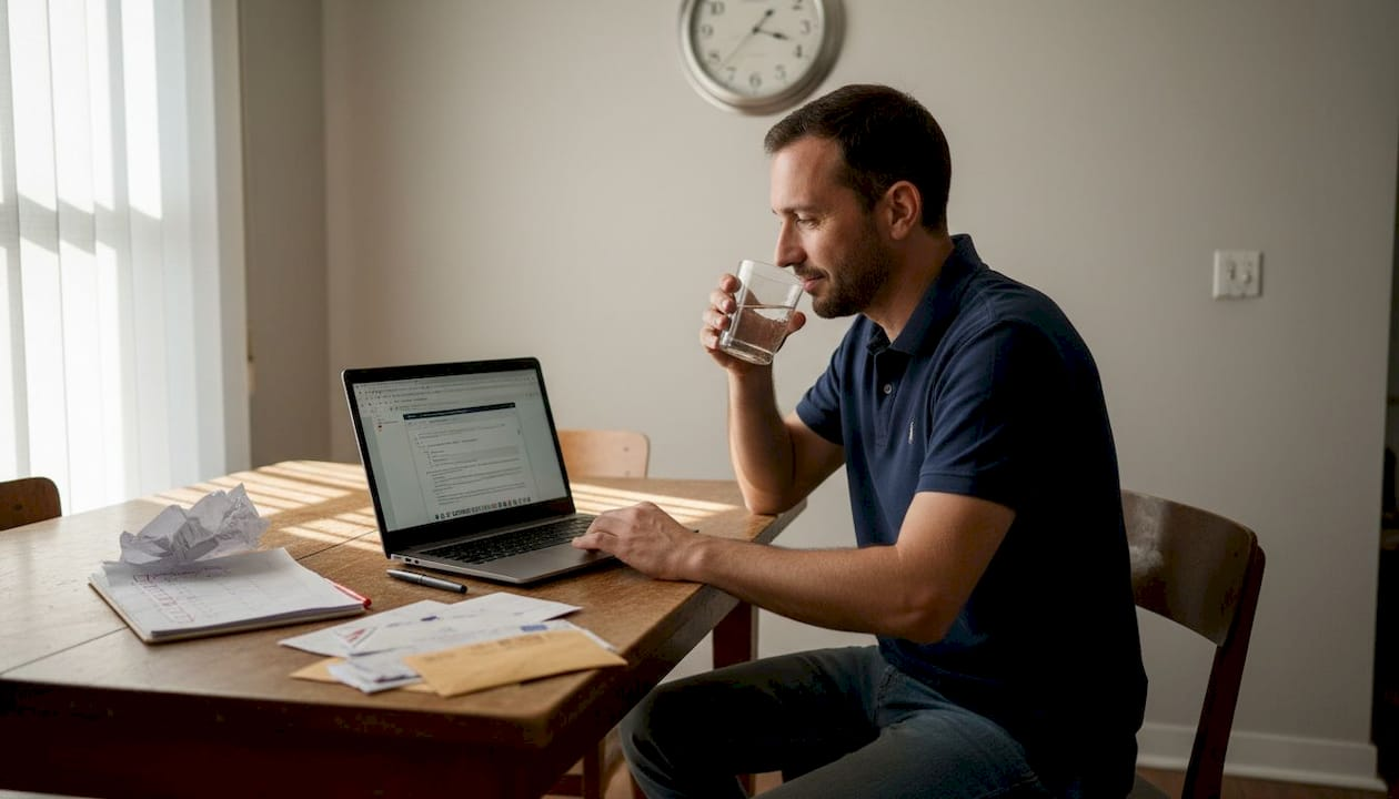 Entrepreneur reviews U.S. LLC paperwork at kitchen table