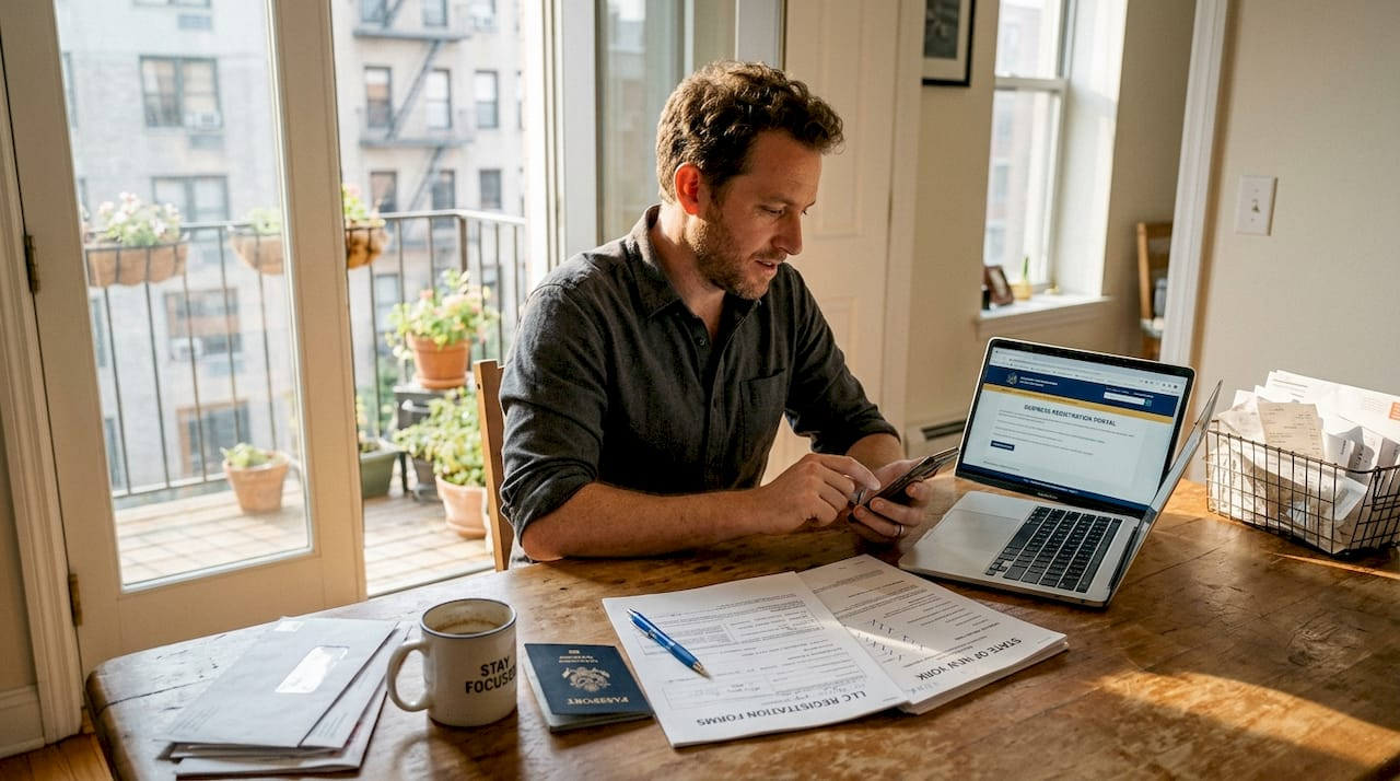 Entrepreneur reviews LLC paperwork at home