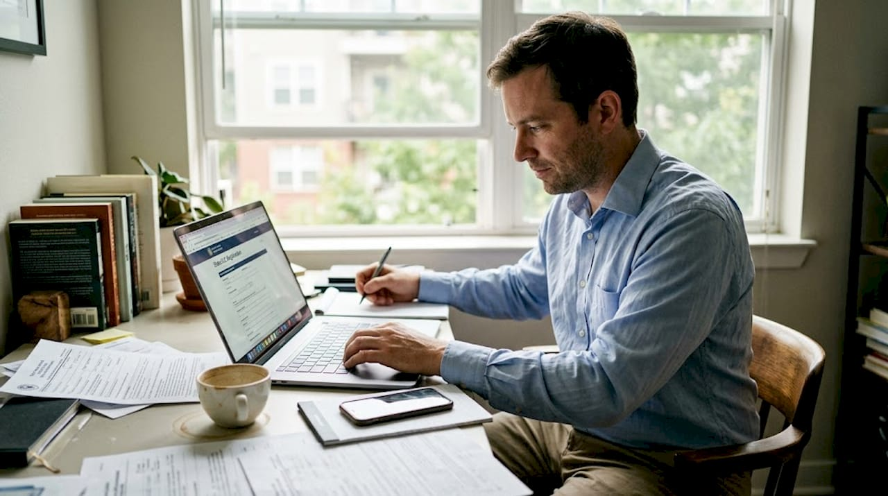 Man completing LLC paperwork at desk