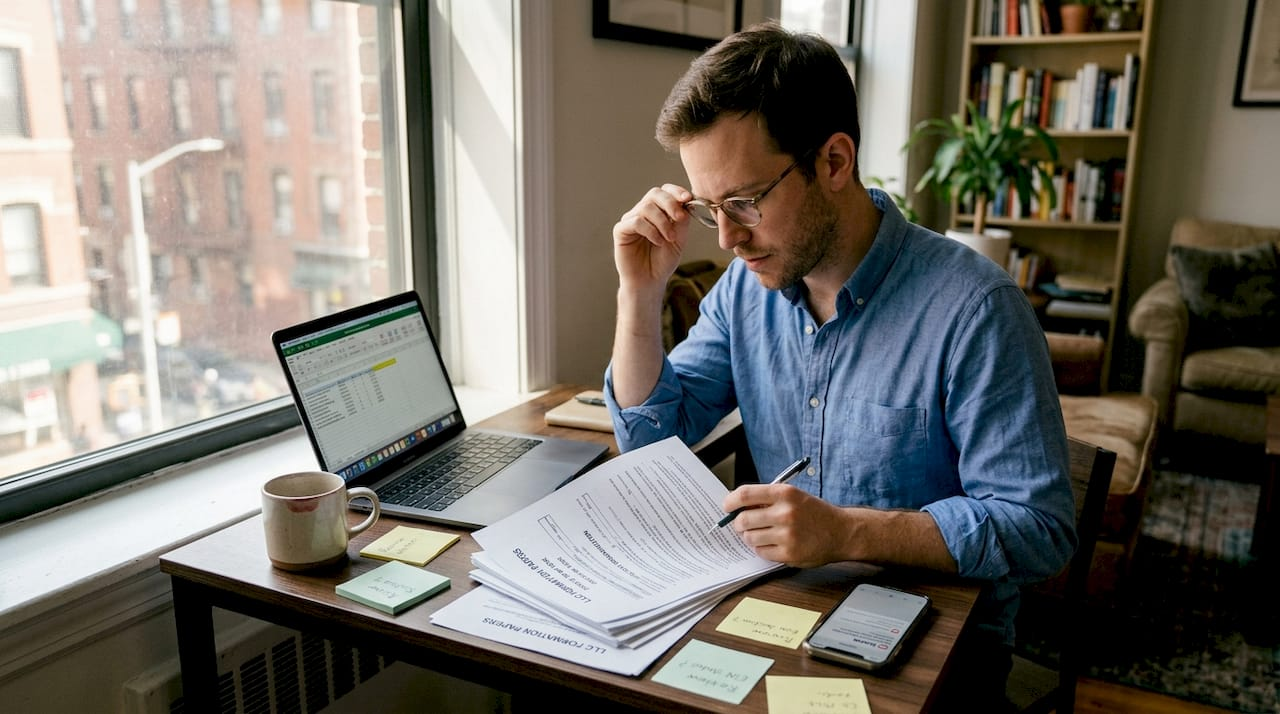 Non-resident reviews LLC paperwork at desk