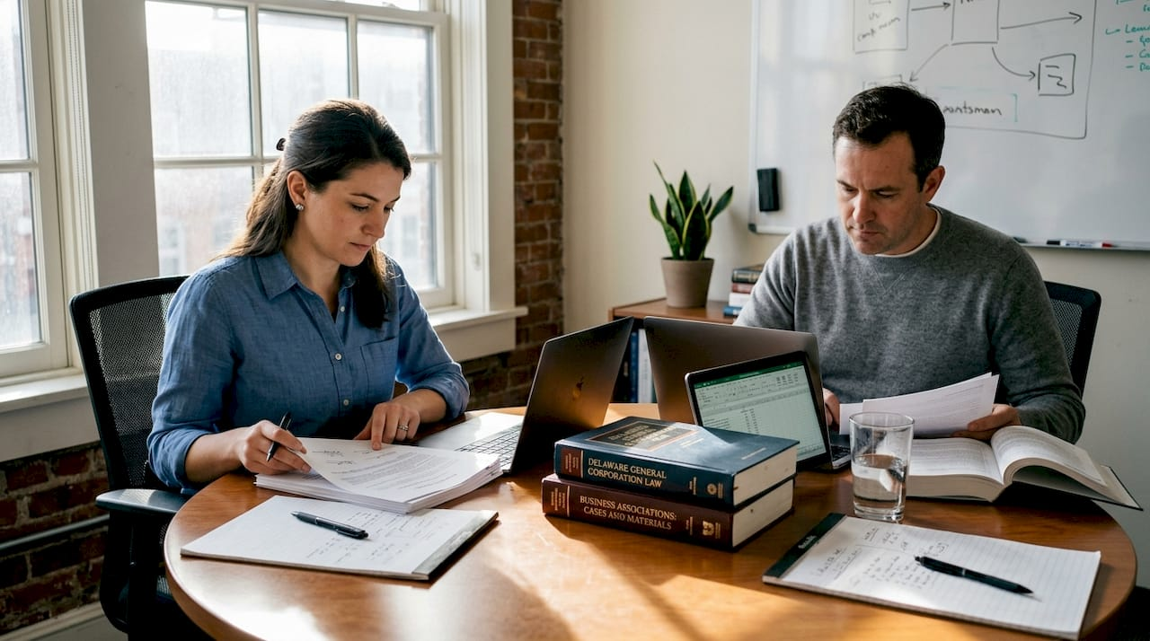 Two business founders reviewing corporation paperwork