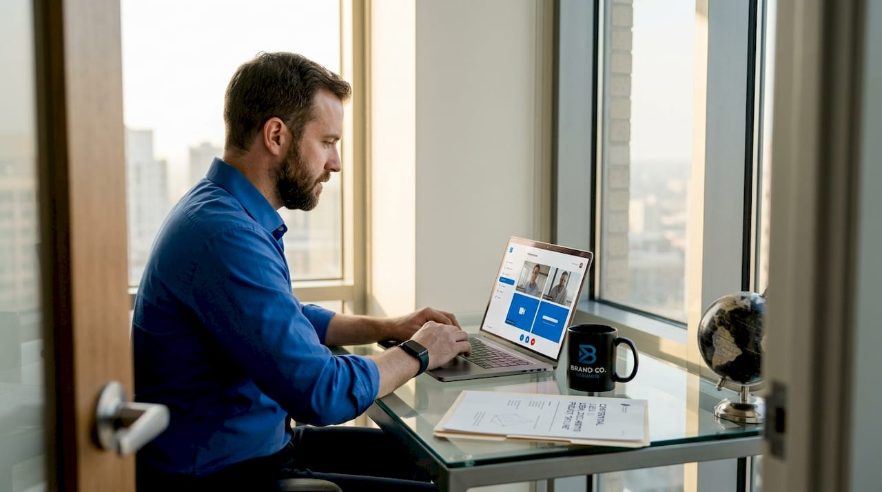 Entrepreneur video-calling in bright corner office