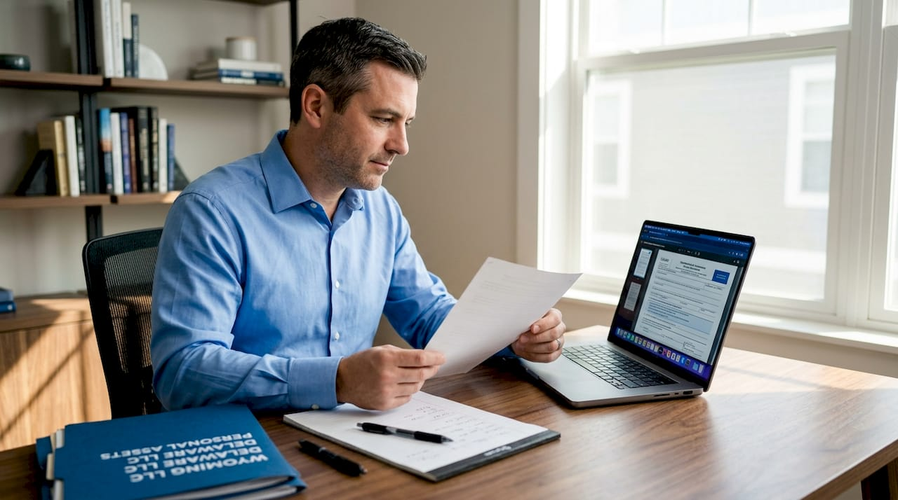 Business owner reviewing LLC documents in home office