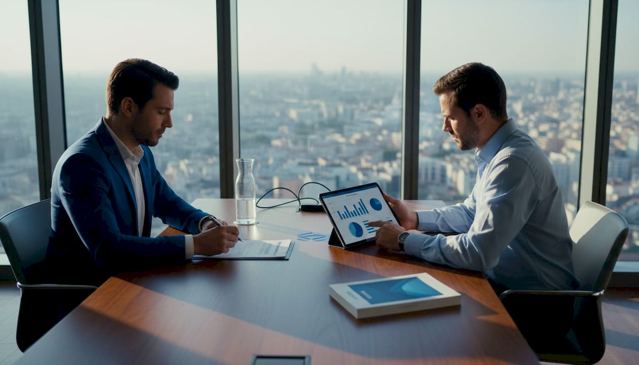 Business partners reviewing US corporation paperwork