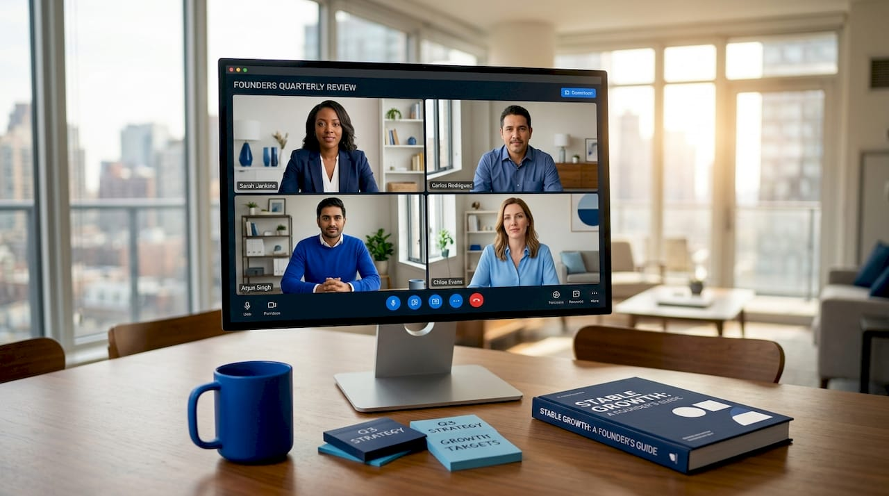 Founders collaborate remotely from home offices