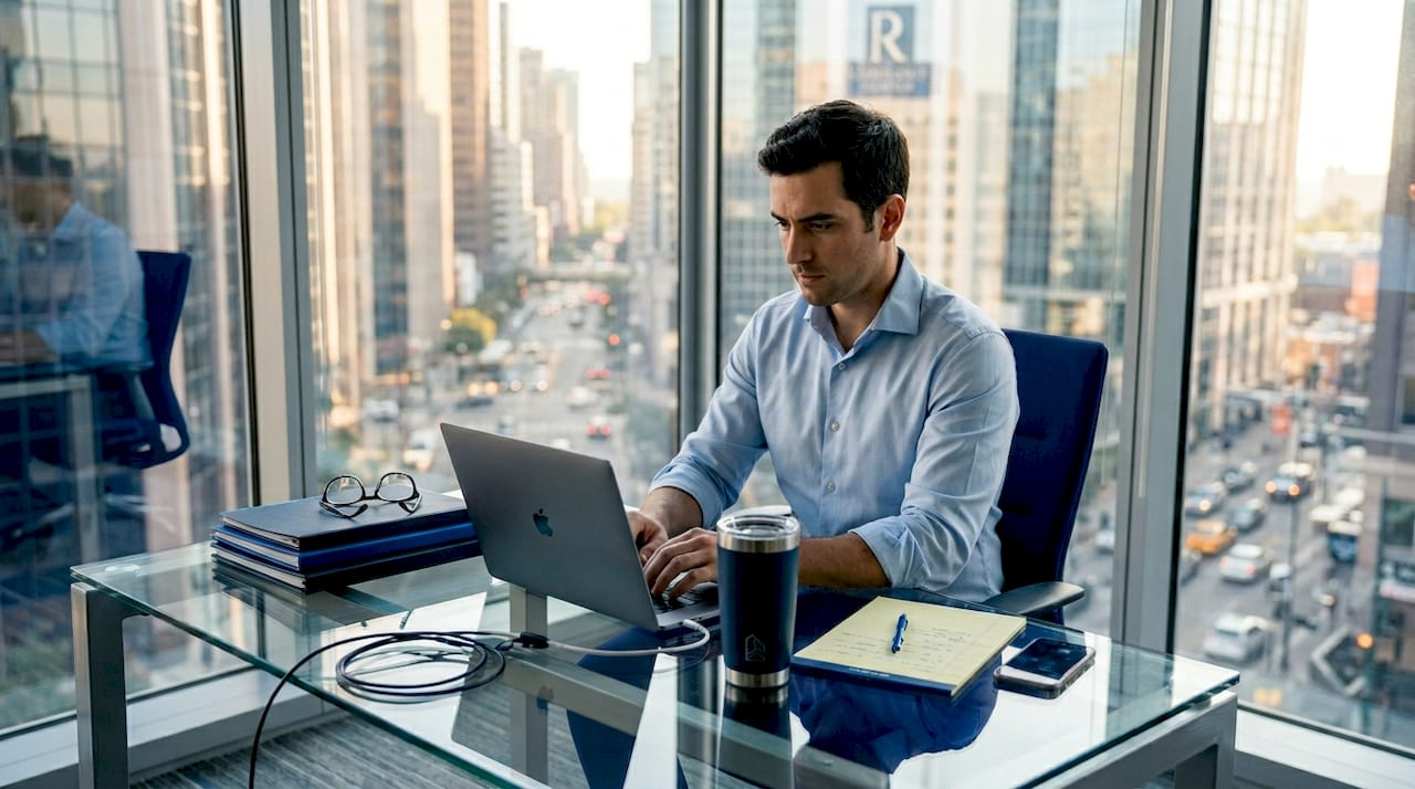 Non-resident entrepreneur working at desk in city office