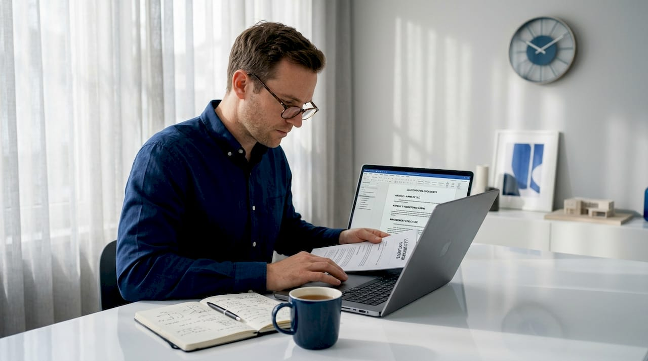 Entrepreneur reviewing LLC formation documents at home desk