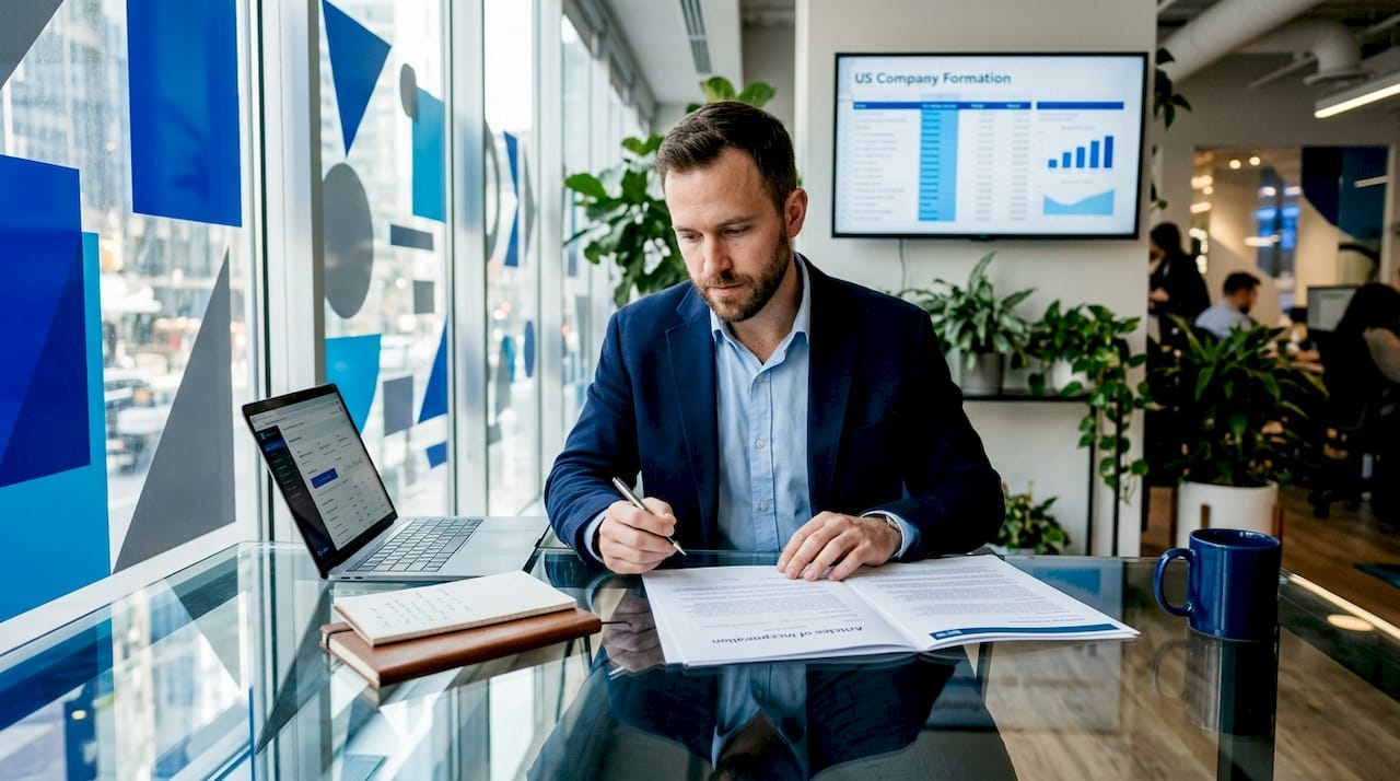 Entrepreneur reviewing US incorporation paperwork at desk