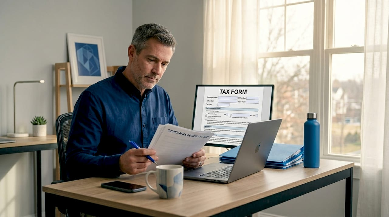 Entrepreneur reviewing business compliance paperwork