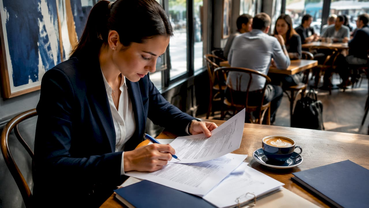 Compliance officer reviewing documents at desk