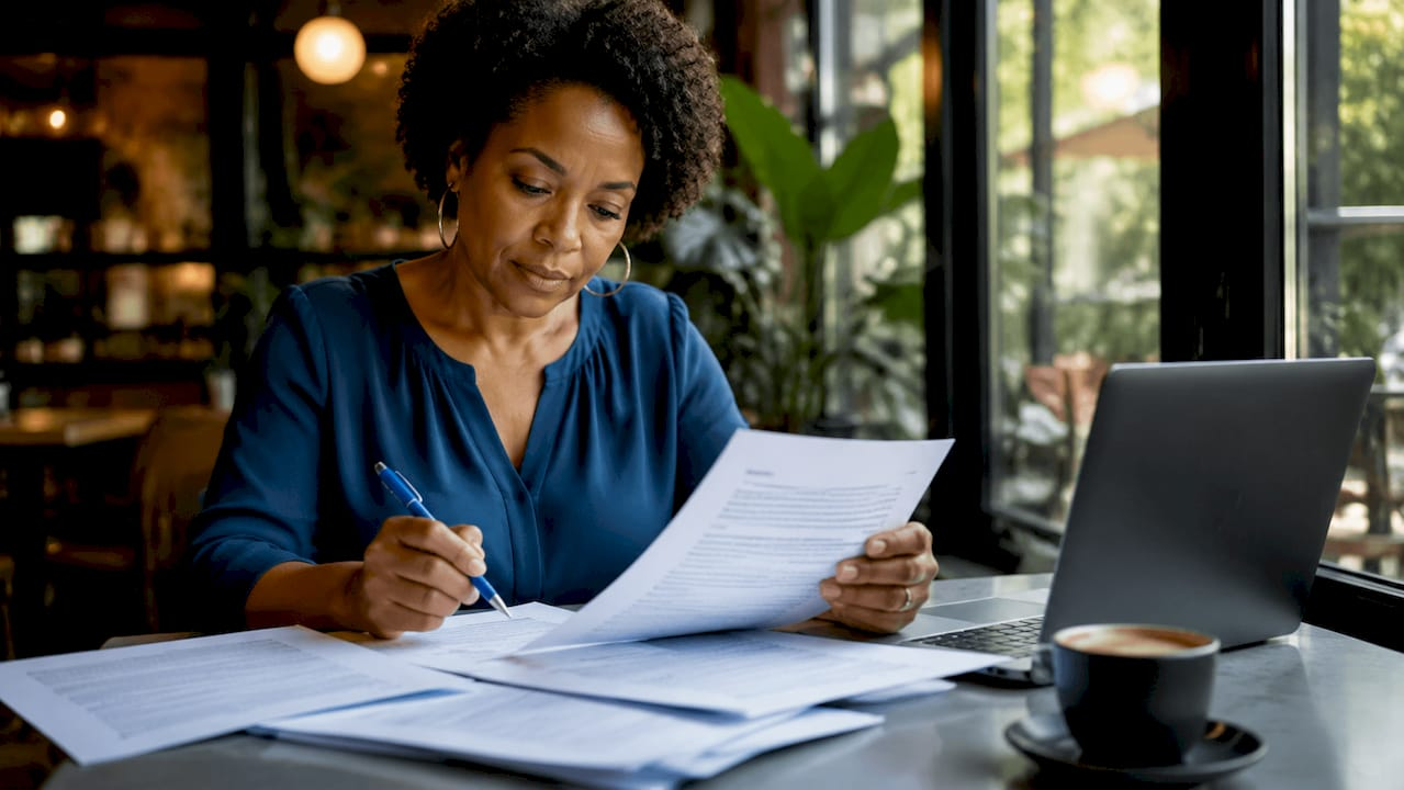 Woman reviewing legal documents at desk