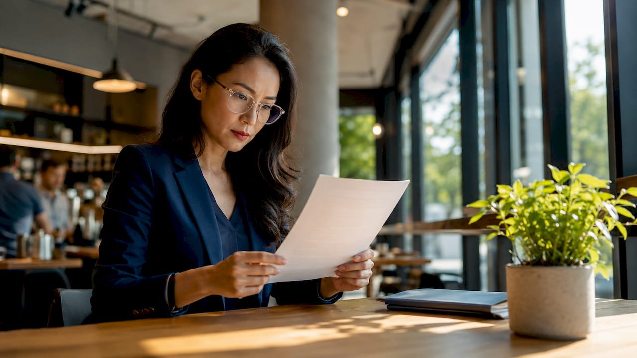 Businesswoman reviewing company registration certificate