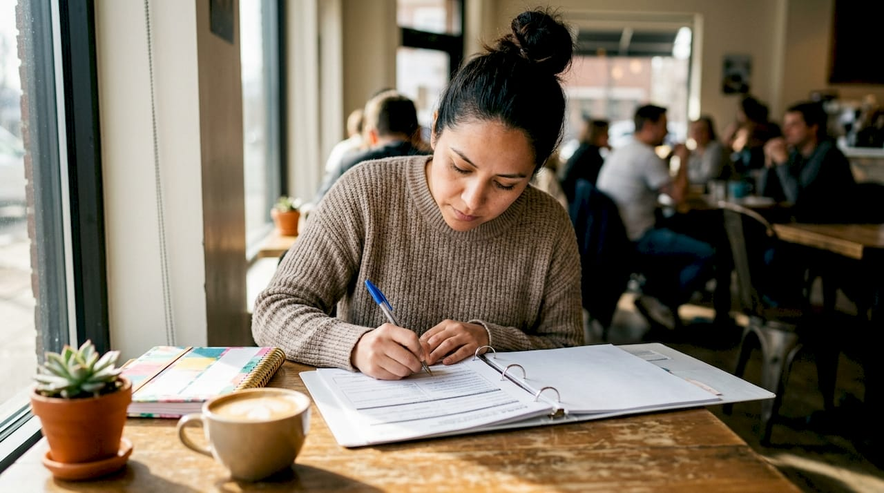 Woman completing Illinois business registration documents