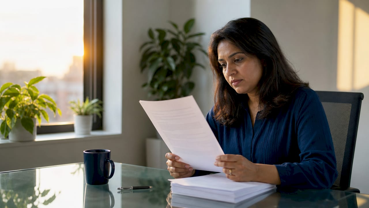 Woman reviewing LLC operating agreement documents at desk