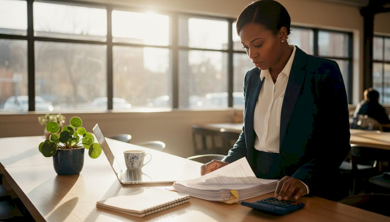 Woman reviewing LLC tax documents at desk