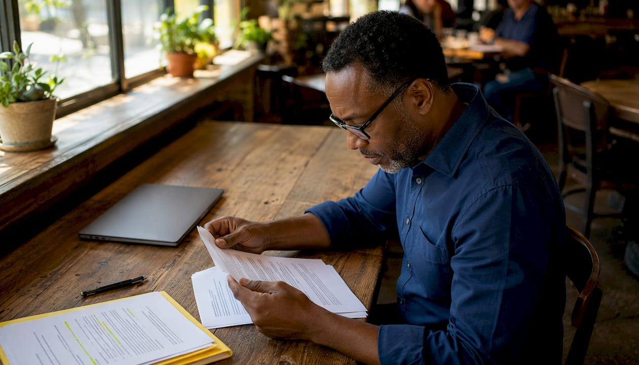 Man reviewing LLC investment documents in home office