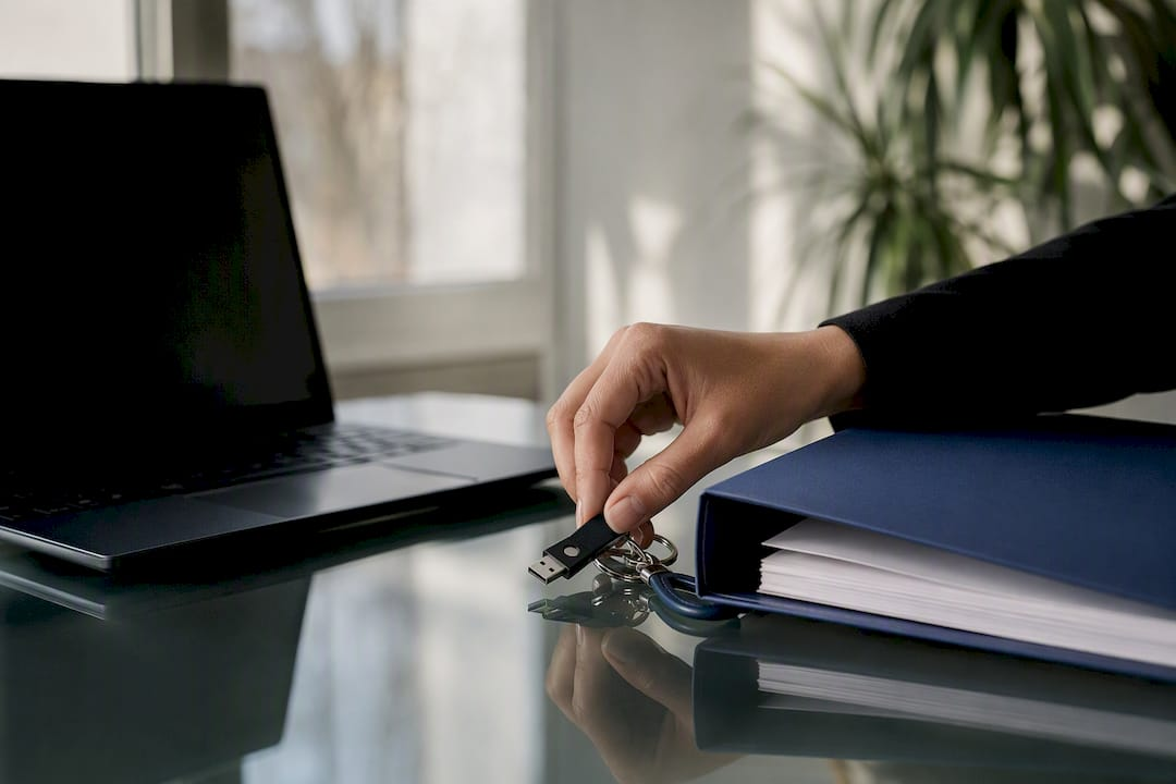 Hand placing security key on desk