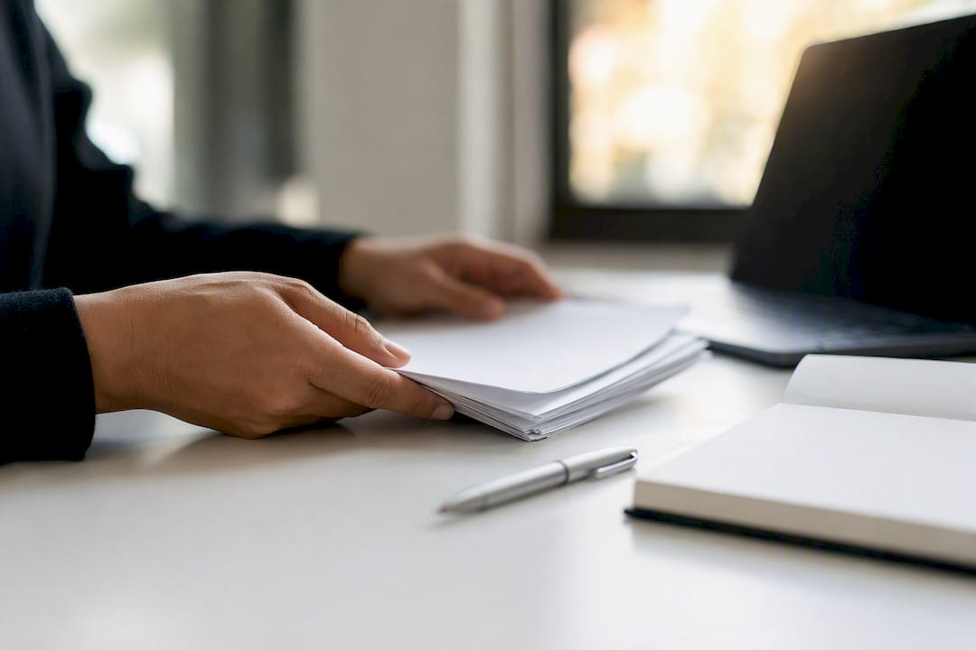 Hands organizing LLC formation documents on desk